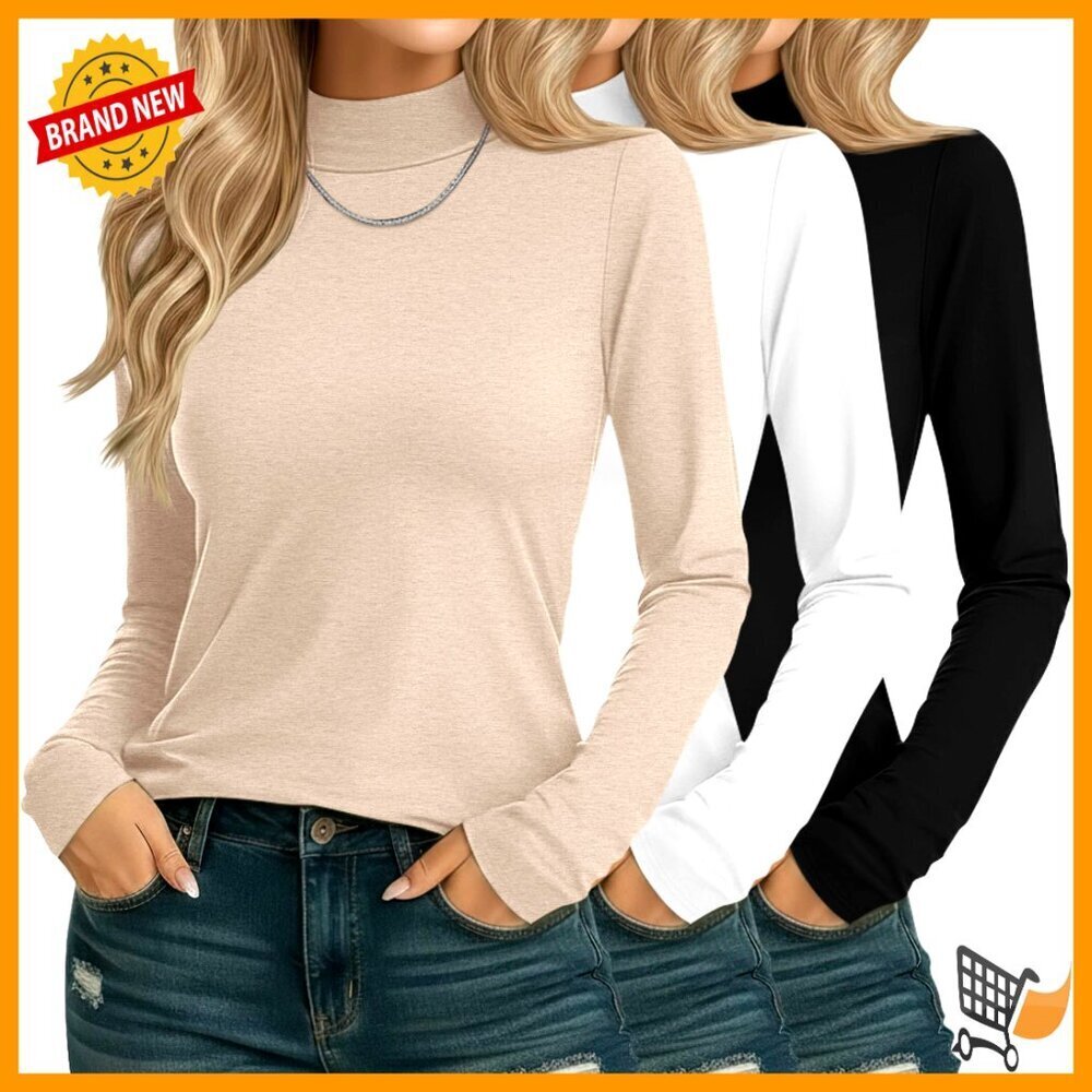 Mock Turtleneck Long Sleeve Tops Cotton Basic Tees Casual Pullover Minimal Chic